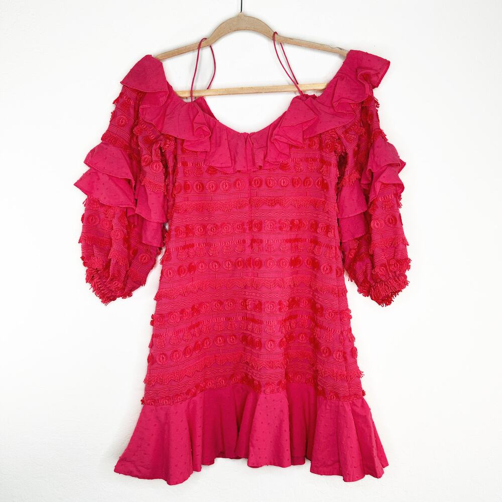 Alexis Calypso Ruffled Off Shoulder Rouge Coral Pink Embroidered Mini Dress XS - Picture 9 of 16